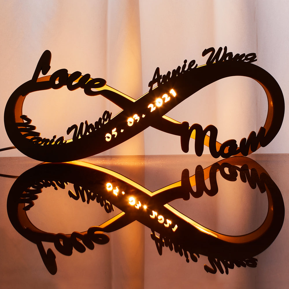 Muttertag Geschenk Benutzerdefinierte Lampe Graviertes Holz Nachtlicht Personalisiertes Name Licht Infinity Liebe Geschenk für Mama